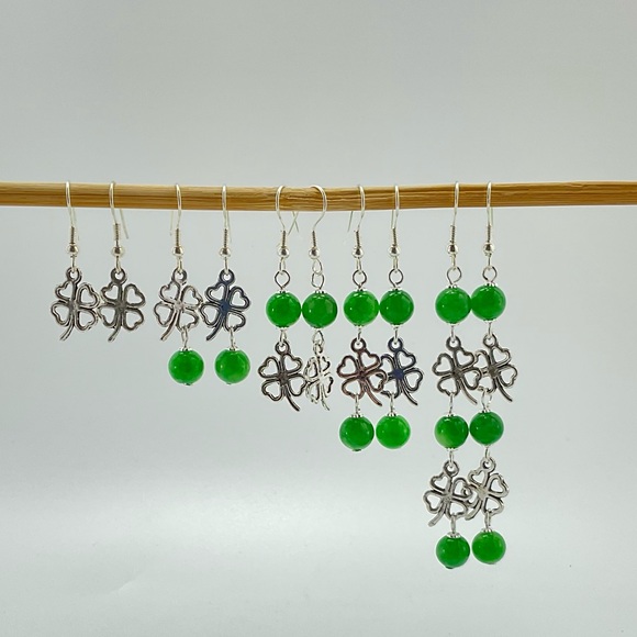New Shamrock Dangle Earrings, Handmade, St Pats Day, Lucky Clover, Green Stone - Picture 6 of 6